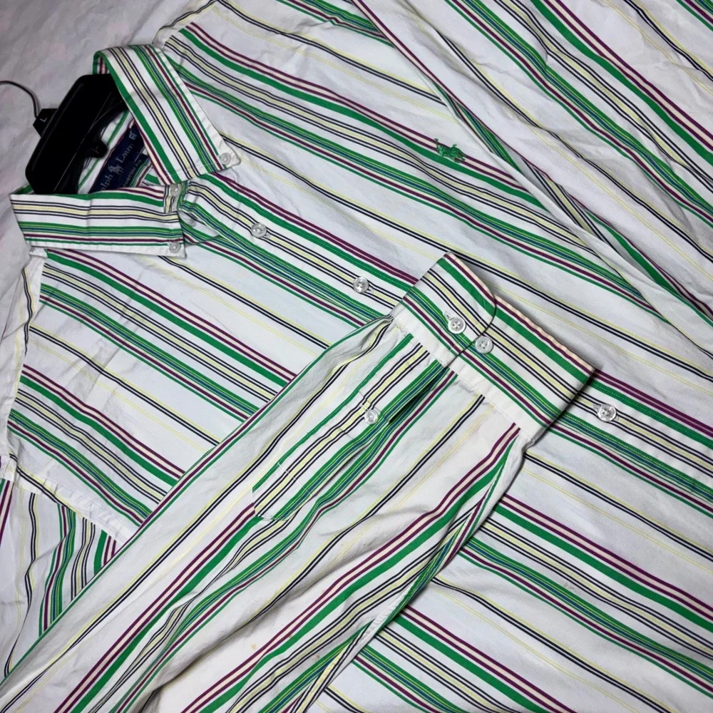 Ralph Lauren Custom Fit Striped Button Down Shirt 18 XXL Green Purple‎ White